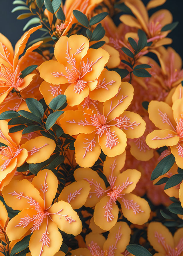 Vibrant orange flowers with pink stamens on dark green leaves.