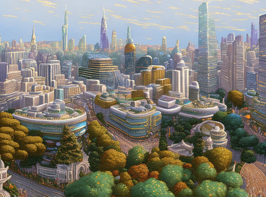 Futuristic cityscape with greenery, skyscrapers, and advanced infrastructure