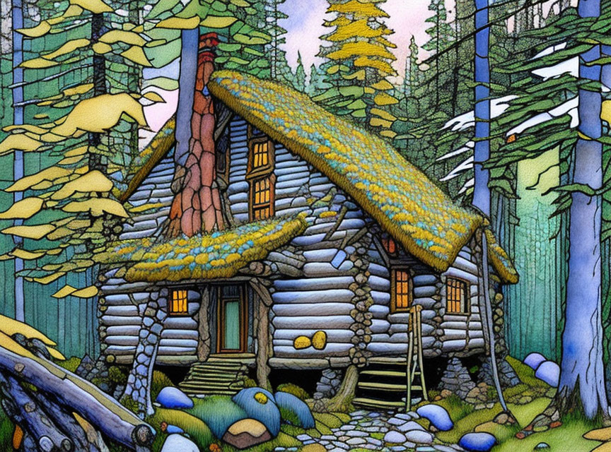 Vibrant illustration of log cabin in dense forest with moss-covered roof.