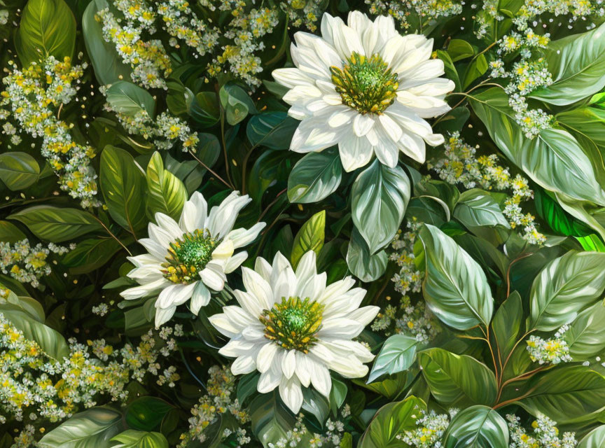 White Flowers with Green Centers Surrounded by Foliage & Yellowish-White Blossoms