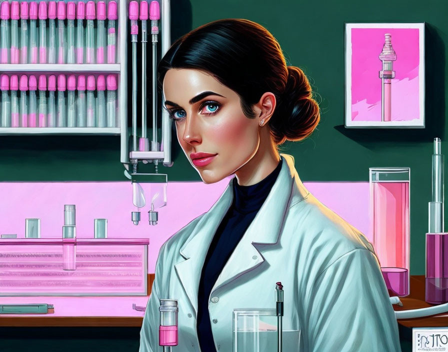 Female scientist in lab coat with bun hair, surrounded by test tubes and equipment