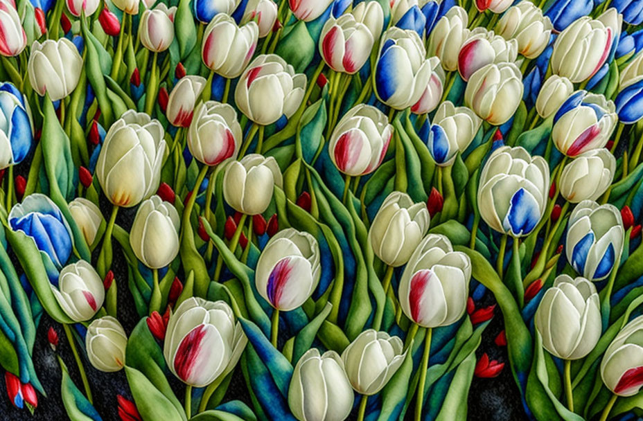 Colorful Field of White and Blue Tulips with Pink and Red Accents