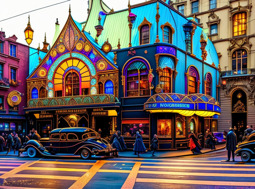 Vibrant building with stained glass, vintage car, cobblestone street, and people at twilight