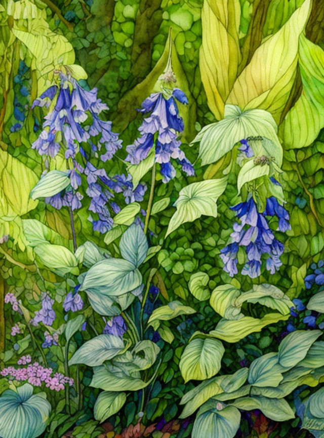 Colorful garden illustration with blue delphinium flowers and lush green foliage