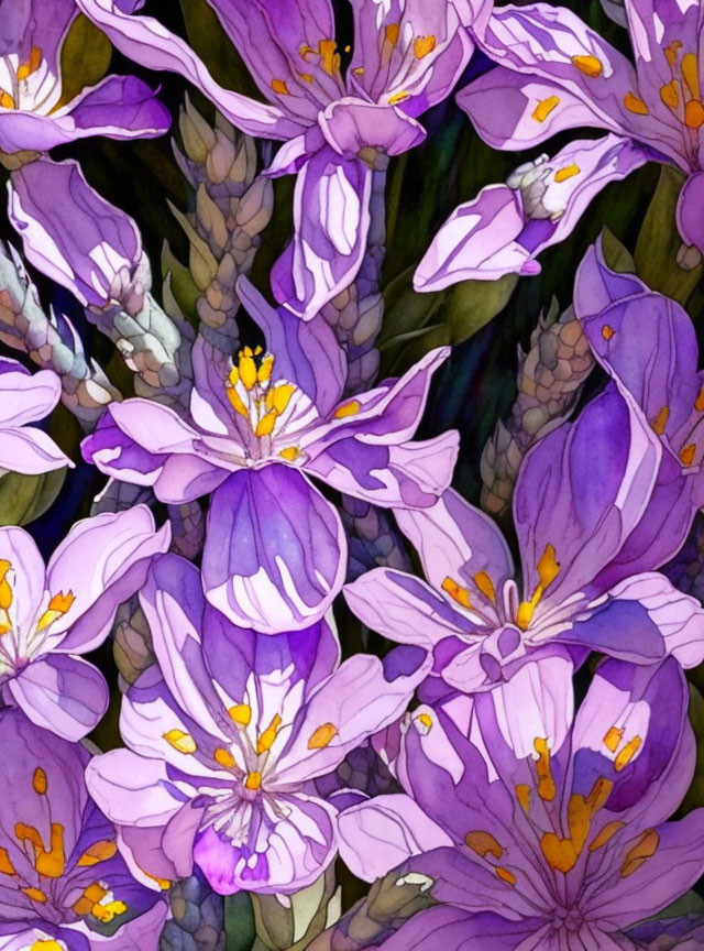 Purple Crocus Flowers Watercolor Painting with Yellow Stamens