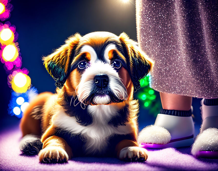 Black and brown coat puppy gazes up next to person's legs in bokeh background