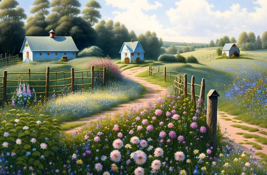 Tranquil rural scene with meadows, path, and cottages