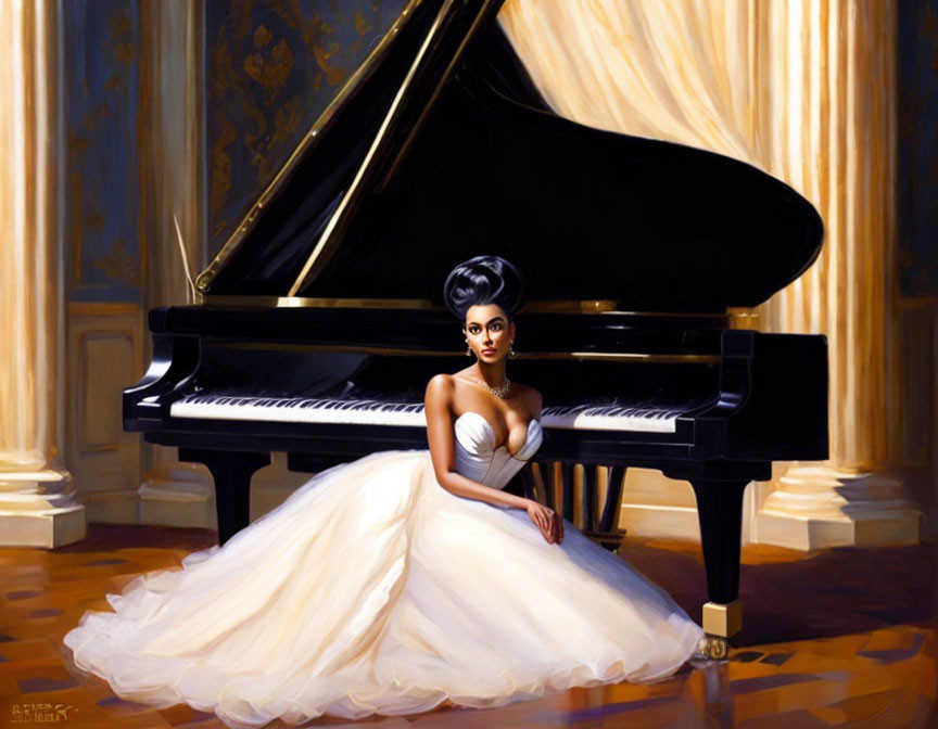 Woman in White Ball Gown at Grand Piano in Luxurious Room