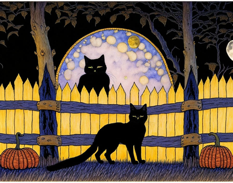 Black Cats, Wooden Fence, Pumpkins, Full Moon, Bats, Purple Night Sky