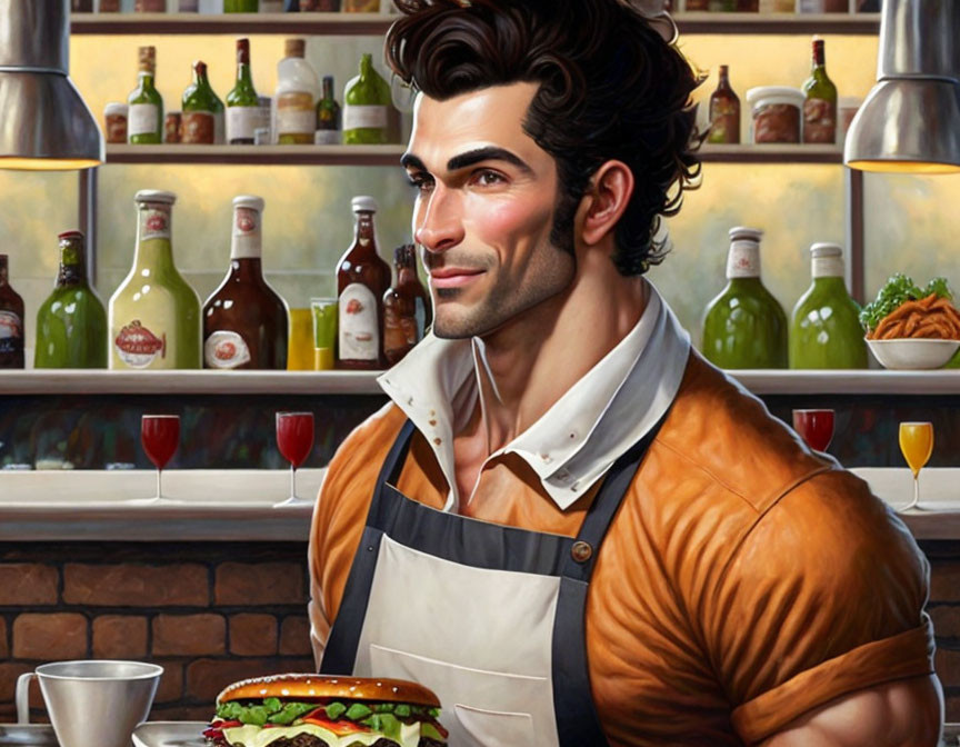 Smiling man with dark hair in apron in restaurant kitchen