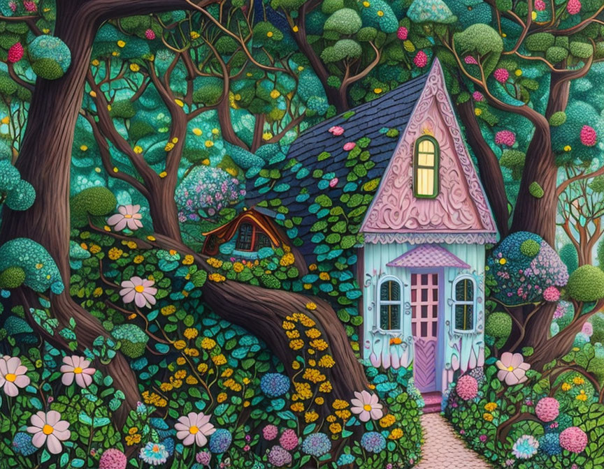 Colorful Forest Cottage Illustration in Vibrant Setting