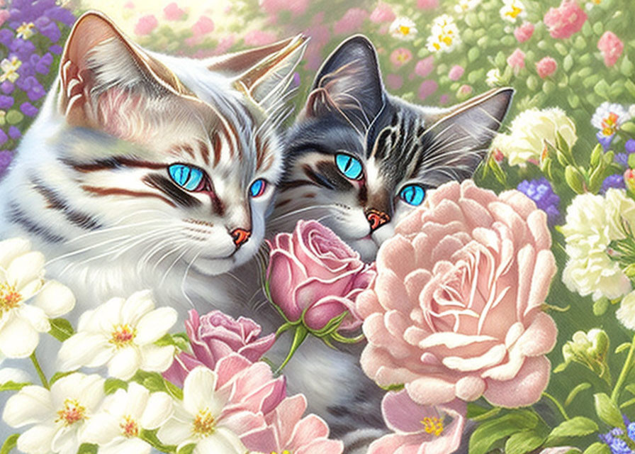 Illustrated cats with blue eyes among pink and white flowers