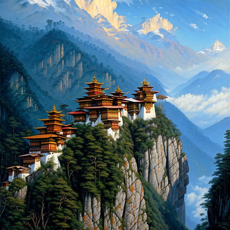 Bhutanese Monastery on Steep Mountain Cliff with Peaks and Clouds