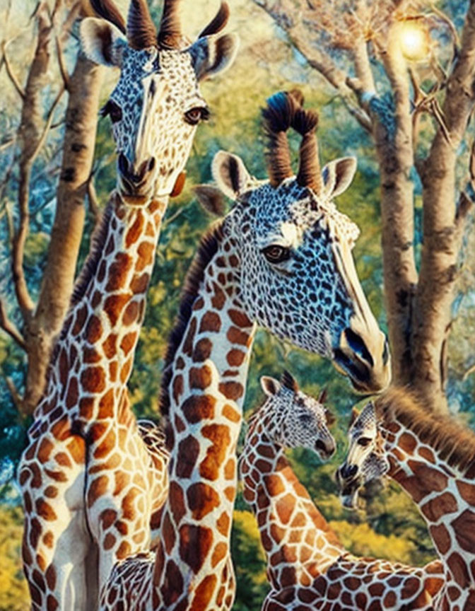 Group of Four Giraffes with Unique Skin Patterns in Forest Setting