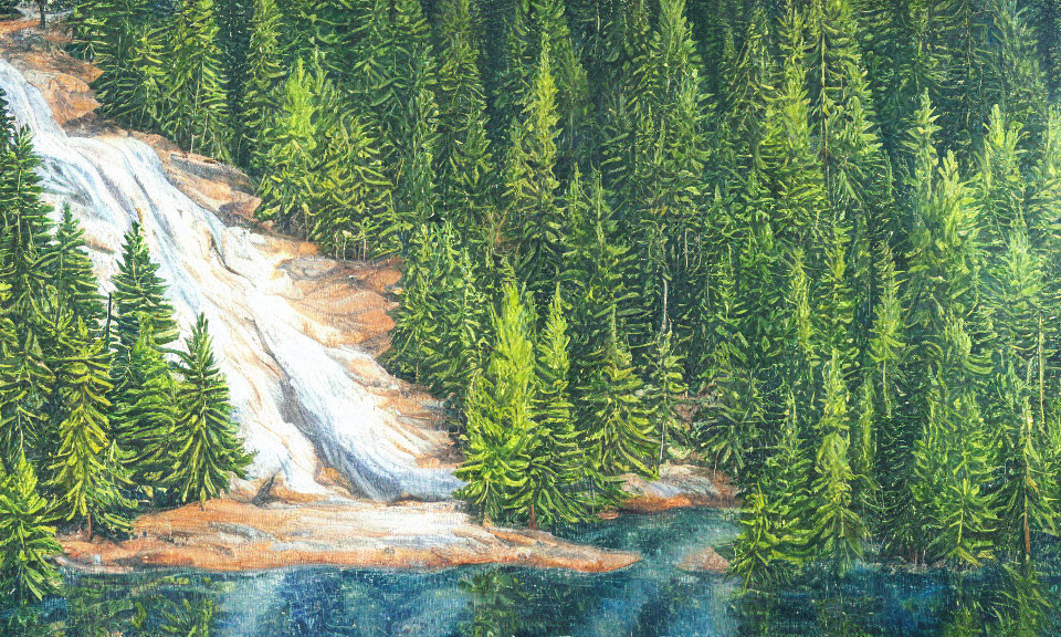 Lush forest painting with conifer trees and waterfall