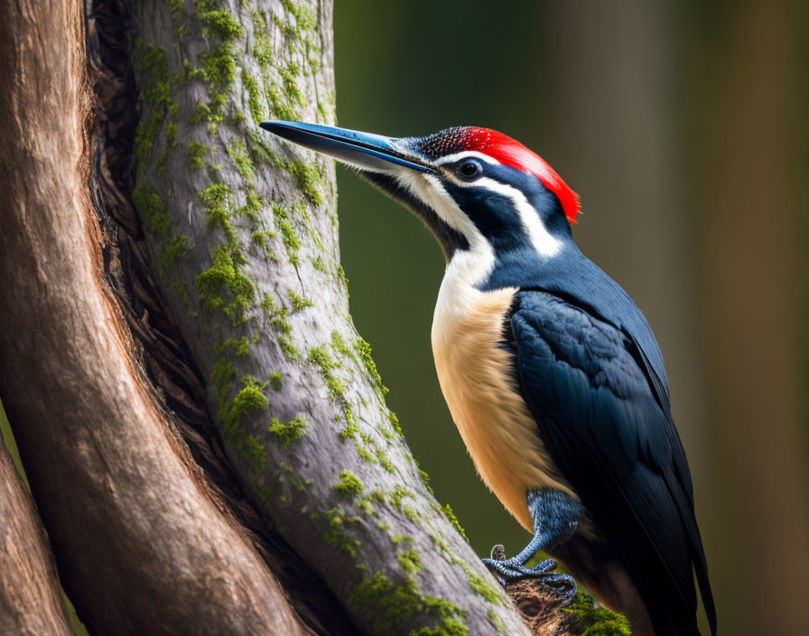 Colorful Woodpecker with Red Cap on Mossy Tree Trunk in Forest