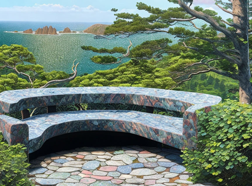 Curved Stone Bench Overlooking Tranquil Sea and Islands