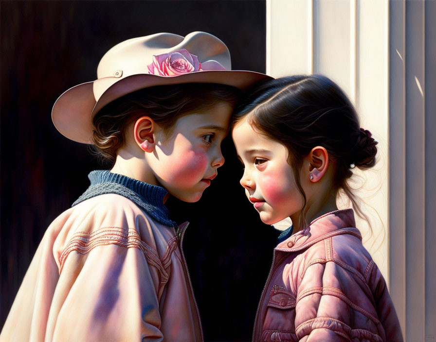 Young children in pastel outfits with rose-adorned hat share intimate moment