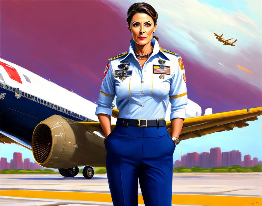 Female pilot on tarmac with plane and flying aircraft