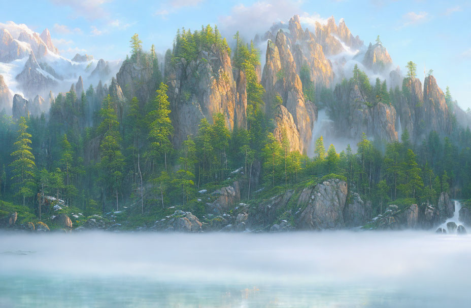 Tranquil waters and misty landscape with lush greenery and towering mountains