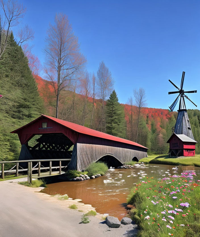 Tranquil landscape with red covered bridge, windmill, river, trees, and wildflowers