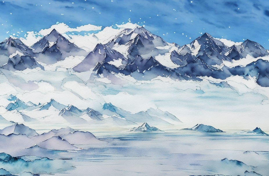 Serene watercolor painting of blue mountain range