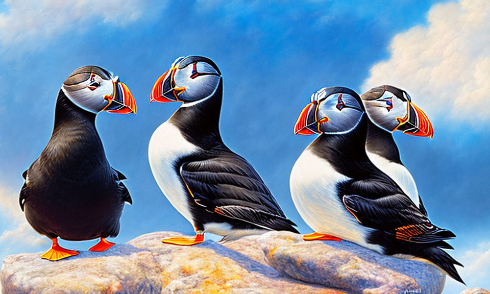 Four Colorful Puffins on Rock Against Blue Sky