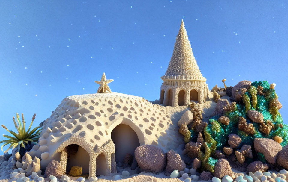 Detailed Sandcastle with Pointed Tower and Shell Decorations Beside Colorful Artificial Coral Under Starry