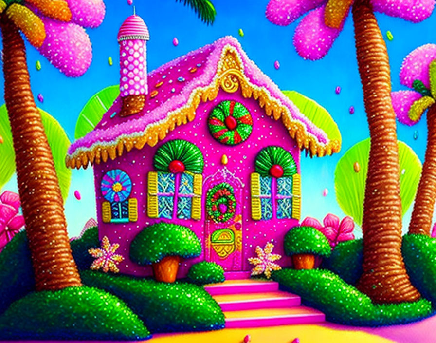 Colorful Cartoon Illustration: Pink House, Purple Trees, Bright Blue Sky