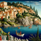 Renaissance painting: Hilltop village by the sea, period clothing, boats, detailed landscape