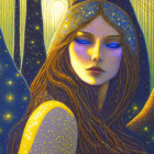 Mystical female figure with blue eyes and star-speckled skin in celestial setting