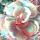 Detailed digital illustration of stylized pastel flowers with layered petals and intricate leaf patterns.