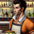 Smiling man with dark hair in apron in restaurant kitchen