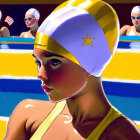 Digital painting: Young swimmer in yellow cap with others in background