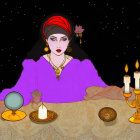 Fortune teller illustration with crystal ball and mystical objects