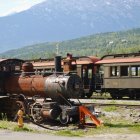 Vintage steam locomotive with red wheels on mountainous backdrop.