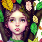 Illustrated portrait of young woman with expressive eyes amid autumn leaves.