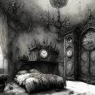 Surreal dark room with eerie creatures, twisted branches, ominous clock, and peering eyes.