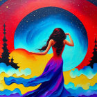 Vibrant illustration: woman in flowing dress under crescent moon