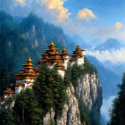 Bhutanese Monastery on Steep Mountain Cliff with Peaks and Clouds