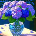 Blue and Purple Hydrangeas in Transparent Vase with Sunlight Filtering Through