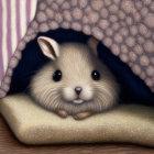 Fluffy hamster under cozy polka dot blanket illustration