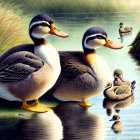 Vibrant duck family illustration near tranquil water and reeds