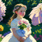 Young girl in white dress with floral wreath, holding bouquet between pink umbrellas on sunny grassy