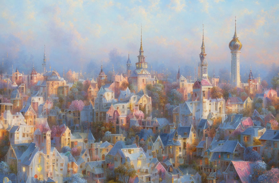 Pastel-colored fairy-tale cityscape with spired towers under dreamy sky