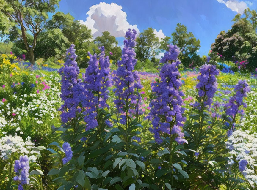 Lush garden with purple flowers under blue sky