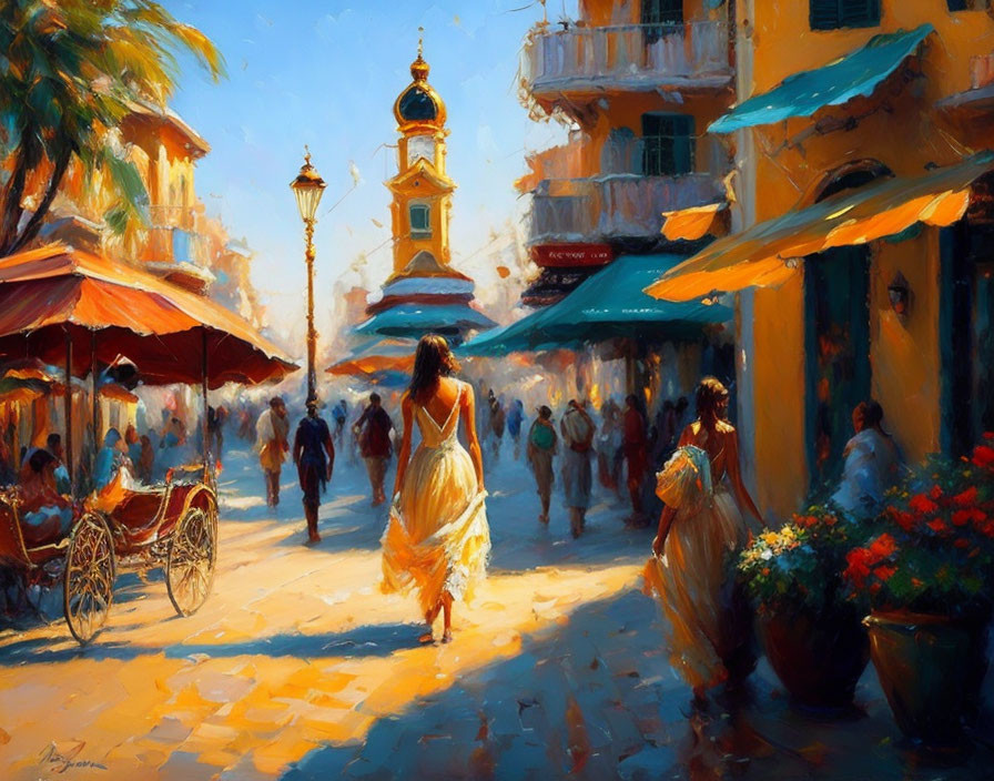 Colorful street scene with people, sunlight, clock tower, and lively atmosphere