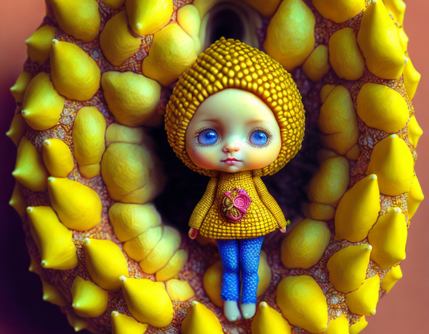 Blue-eyed doll in yellow knit attire against vibrant fruit-like background