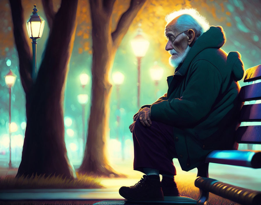 Elderly man with white beard on park bench at dusk surrounded by lampposts and autumn