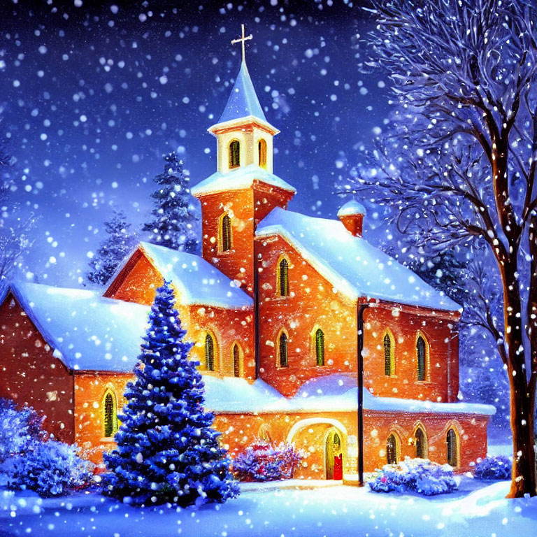 Snowy night scene: church with lit steeple, snow-covered trees.